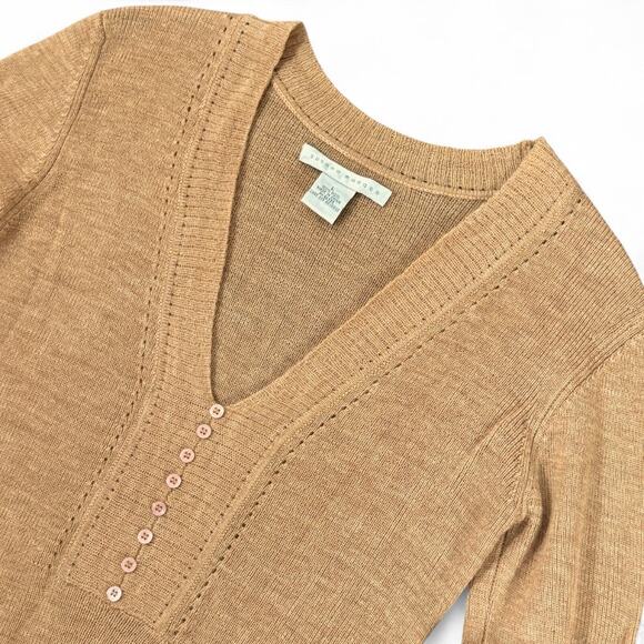 Susana Monaco Belted V-Neck Wool Sweater QuietLuxury L Camel Buttons Pointelle - Picture 2 of 12